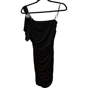 Deb Dress Womens Medium Black One Shoulder Rhinestone Accent Ruched Mini‎ Party